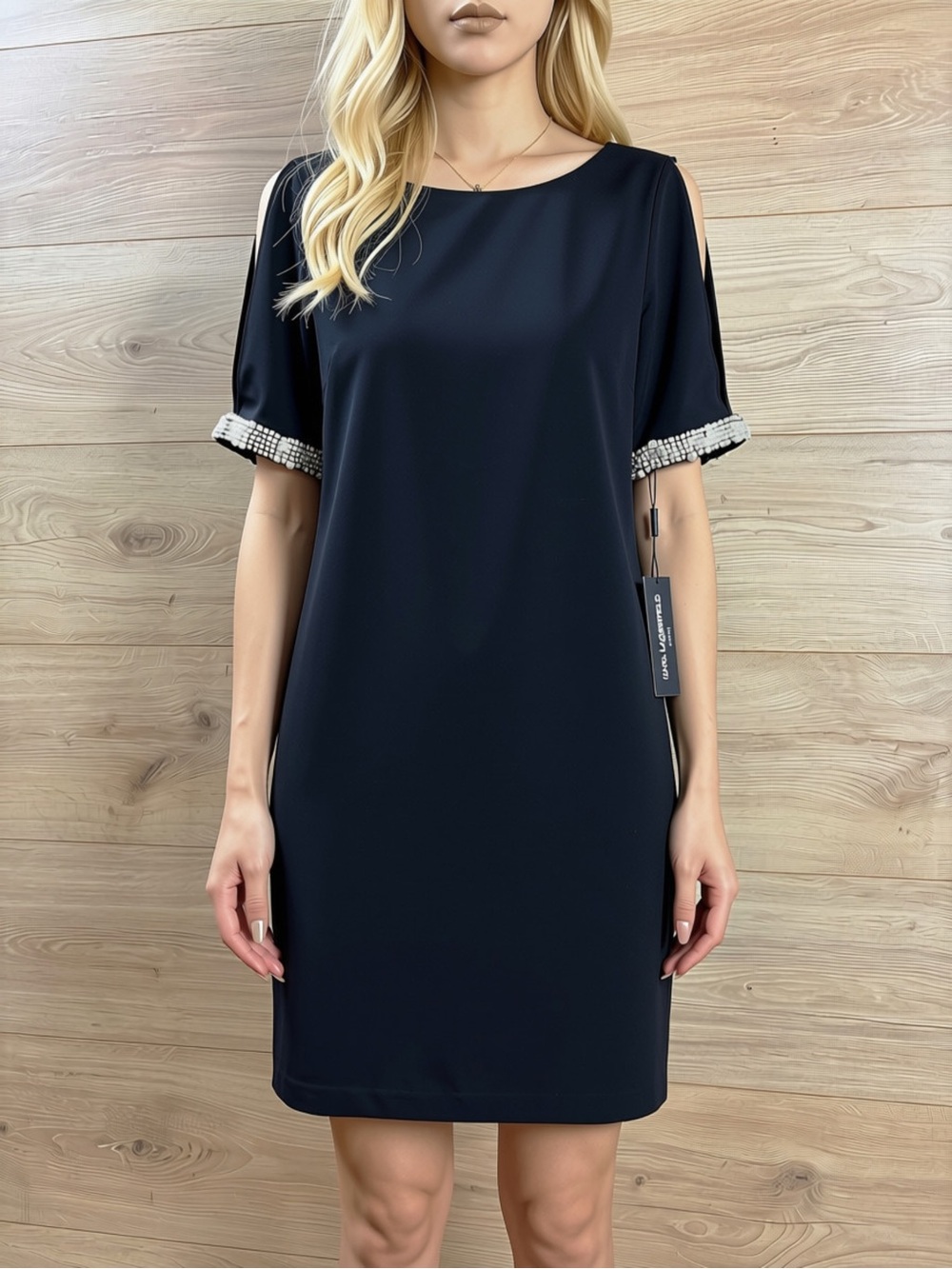 Karl Lagerfeld Black Slit-Sleeve Shift Dress with Pearl Trim